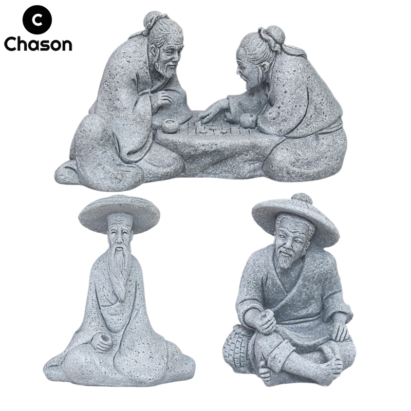 Figurita de piedras de arena de ajedrez, juego de pescador antiguo en miniatura, adornos para acuario, bonsái de jardín de hadas, decoración de habitación de paisaje de rocalla
