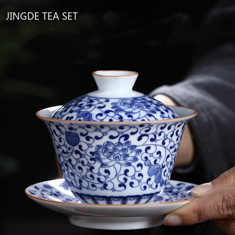 Taza de té de cerámica de Jingdezhen, tazón de té de porcelana azul y blanca hecho a mano, accesorios de té de porcelana china