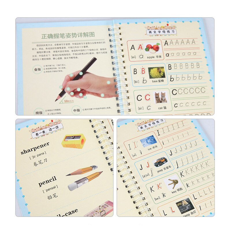 8pcs/set Digital Copybook English Hand Writing Round Handgroove Copy English Alphabet Word Letters Auto Fades Can Be Reused