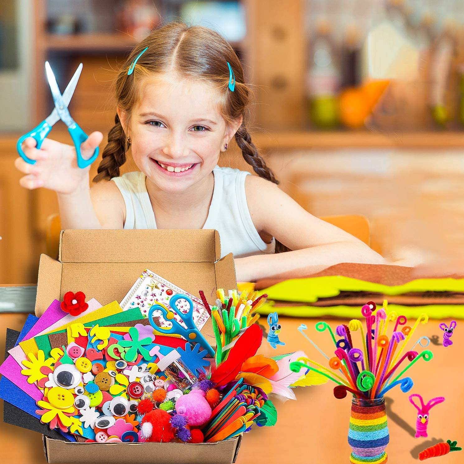 DIY Art Craft Sets Supplies 1000Pcs for Kids Toddlers Modern Kid Crafting Kits Include Colour Felt Glitter Poms Feather Buttons