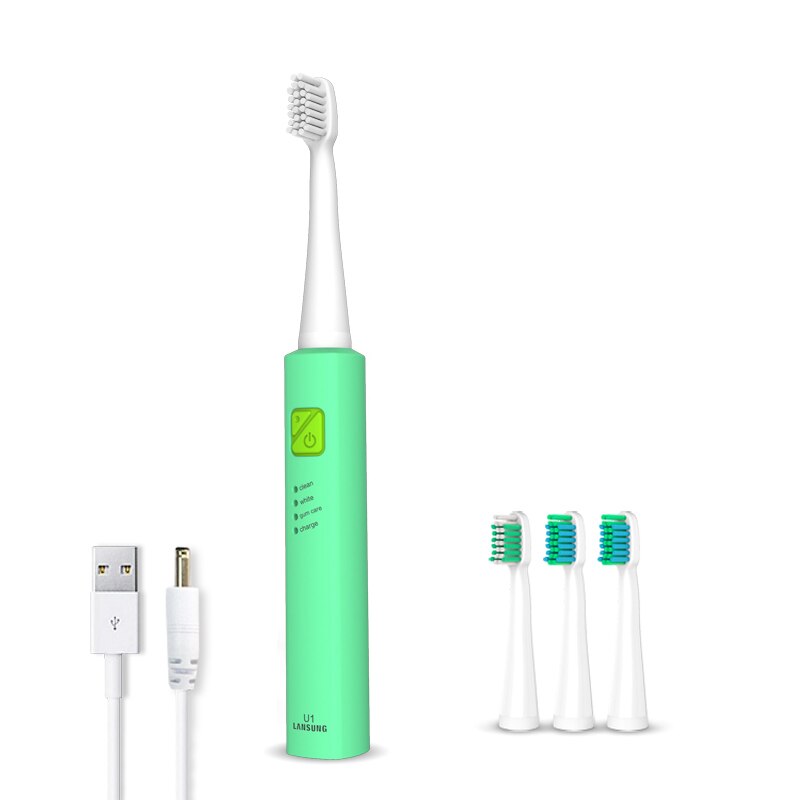 Ultrasonic Sonic Electric Toothbrush Rechargeable Tooth Brushes electric toothbrush with U1 tooth brush heads cepillo dental 4: full green 4 heads
