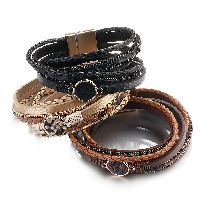 Flashbuy Unique Weave Round Leopard Leather Bracelets For Women Simple Vintage Braid Charms Wrap Bracelets Jewelry