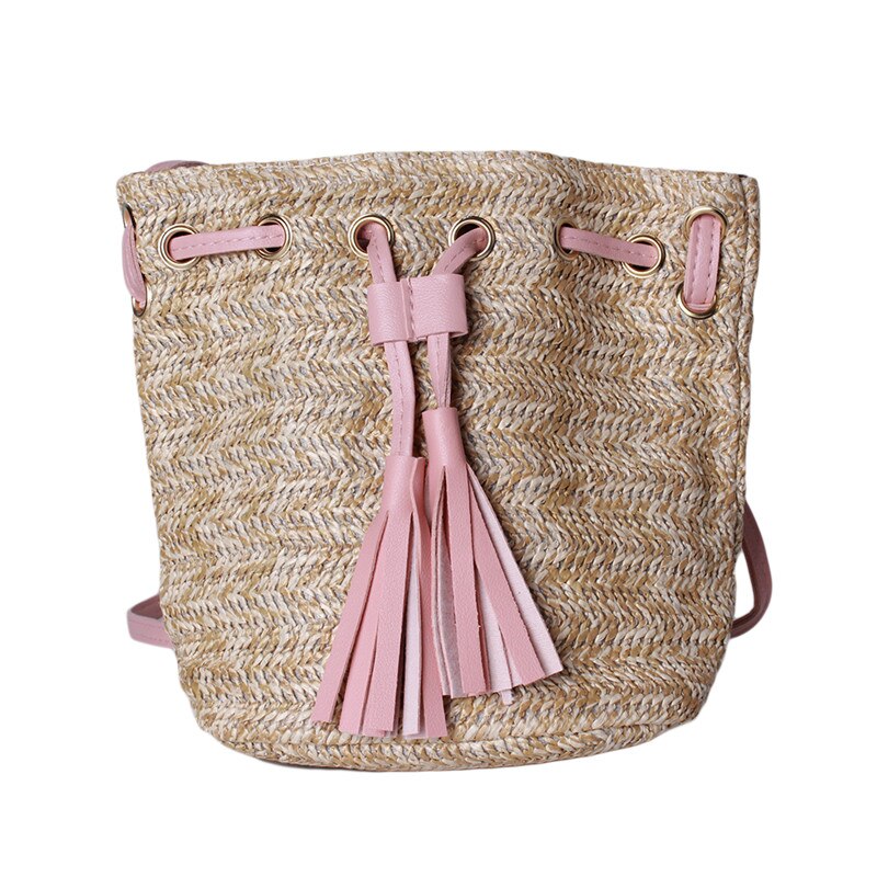 Sommer kvinder kvast bærbar slung skuldertaske retro snøre bucket bag håndtaske: Lyserød