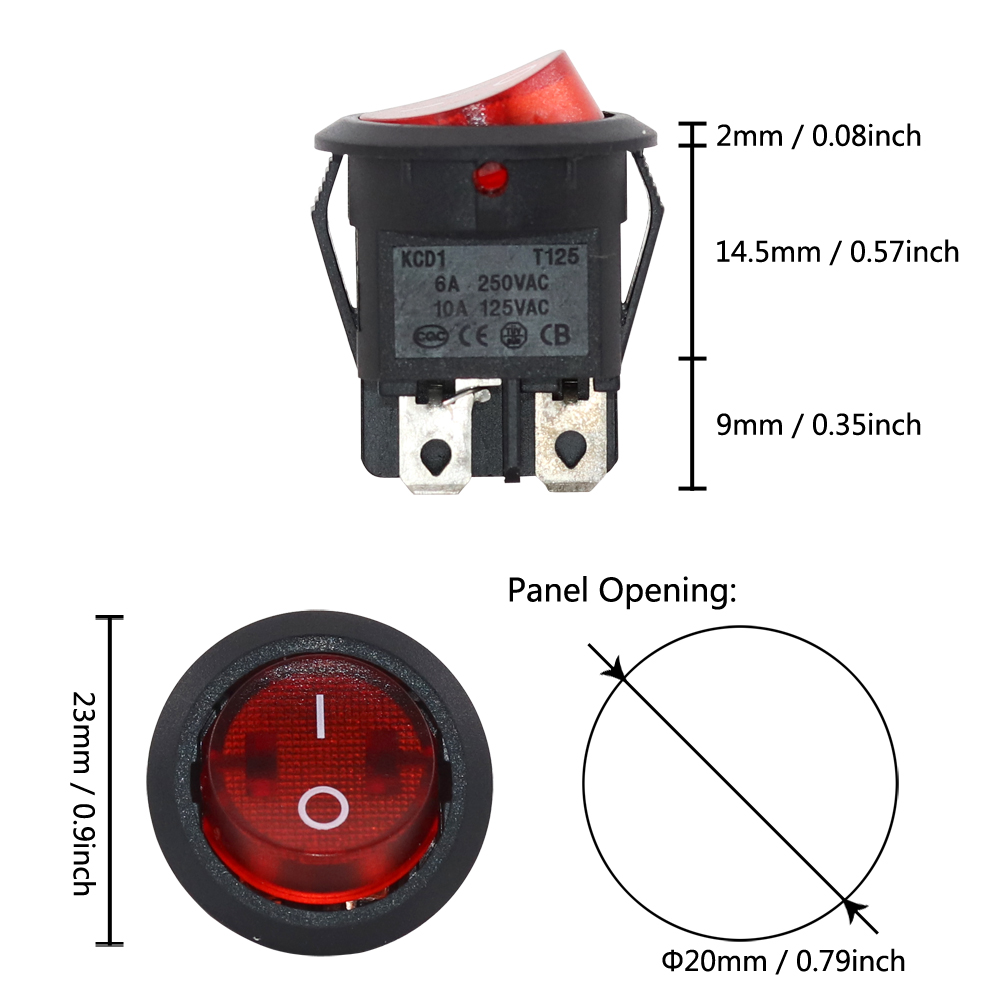 20mm Round Rocker Switch Square Base Black/Red 6A 250V DPDT Power Switches: black