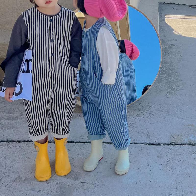 Kids Meisjes Overalls 2022 Katoen Verticale Strepen Lente Zomer Kleding Kind Jongens Mouwloze Mode Jumpuit