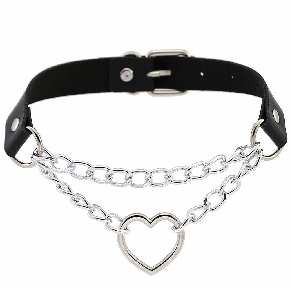 1 Pcs Punk Gothic Leather Collar Choker Metal Chain Harajuku Adjustable Heart Necklace Women's Jewelry Accessories: Black