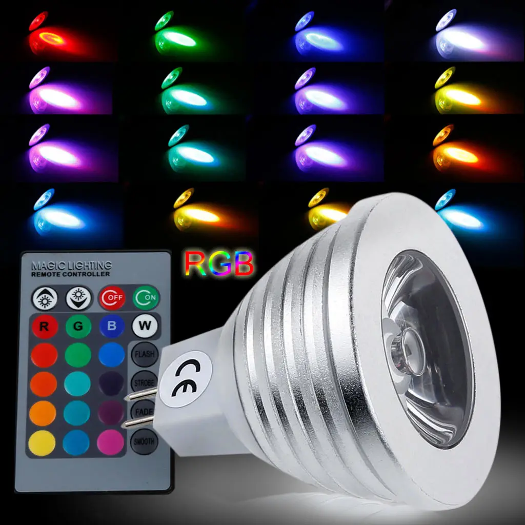 Bombilla LED RGB MR16 de 3W, foco con cambio de 16 colores y control remoto de 24 teclas, CA/CC, 12V, novedad