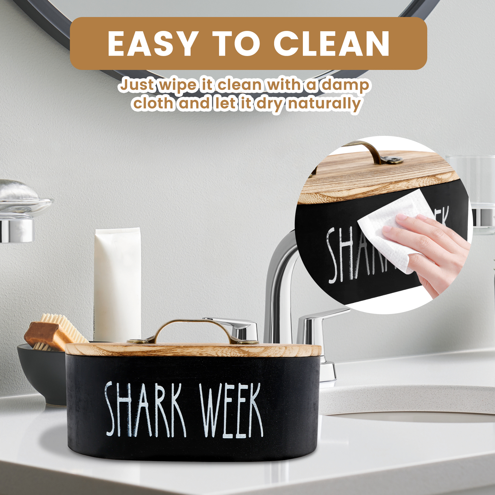 Opbevaringsboks til vatrondeller i træ med tampon og låg, stor kapacitet, vatpind til vatpind, kosmetikorganisator