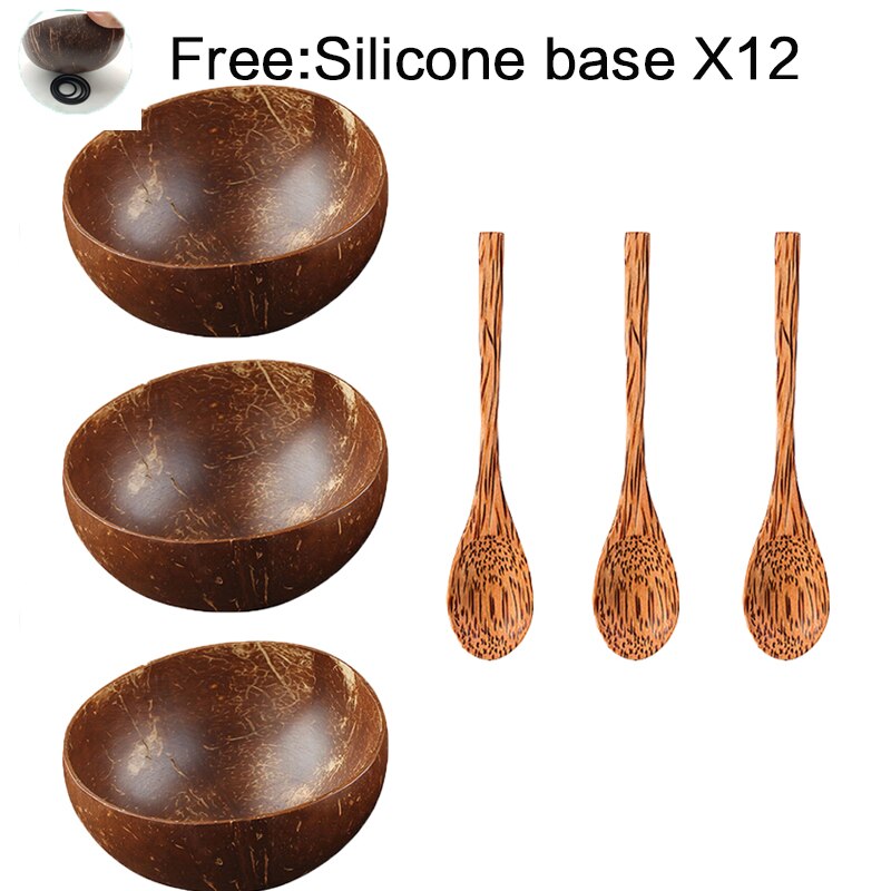 International Natural Natural Coconut Bowl, Coconut Spoon, Coconut Fork, Coconut Knife, Craft Decoration, for Food: 3bowl 3spoon