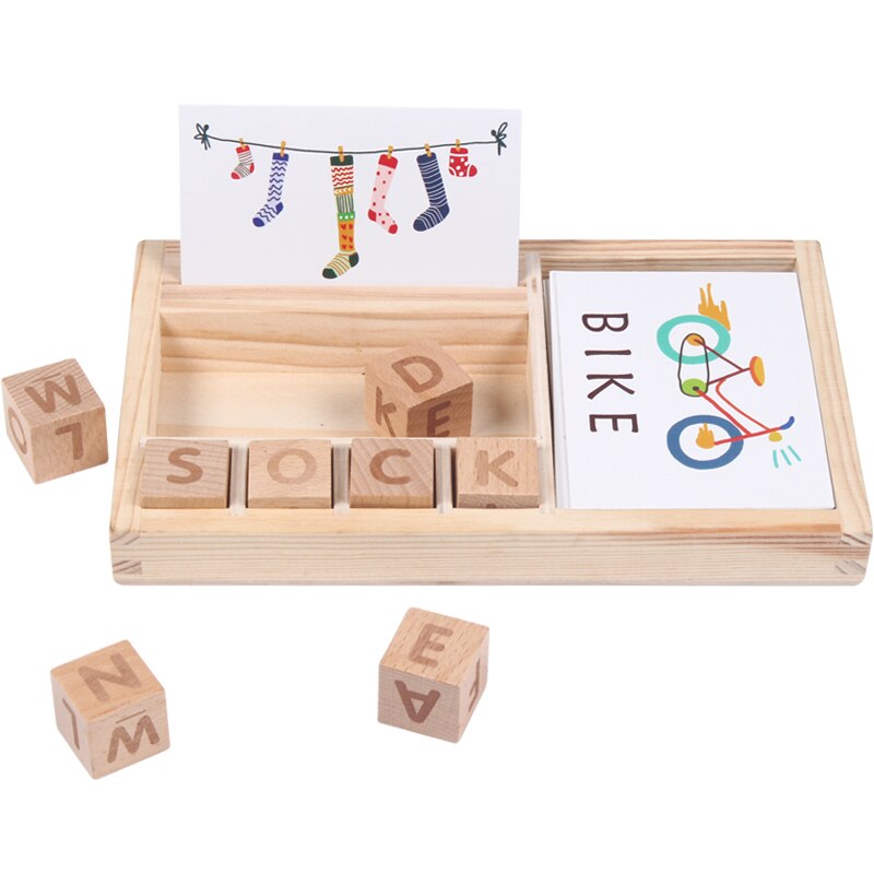 Baby Speelgoed Leren Engels Kaarten Hakken Gebouw Houten Blok Leren En Educatief Tafel Spell Woorden Spel Cadeau Voor Kinderen