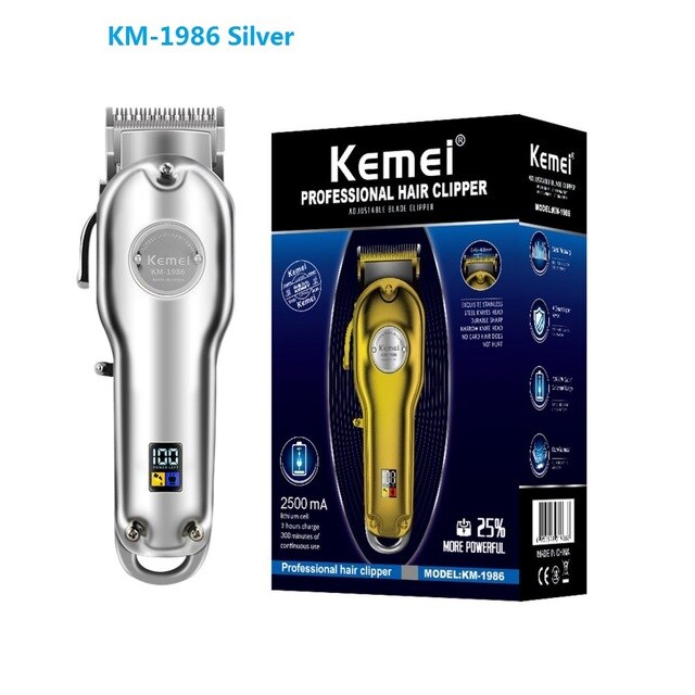 Kemei – tondeuse à cheveux professionnelle KM-1986, rasoir électrique sans fil, avec écran LCD, entièrement en métal: Silver with box