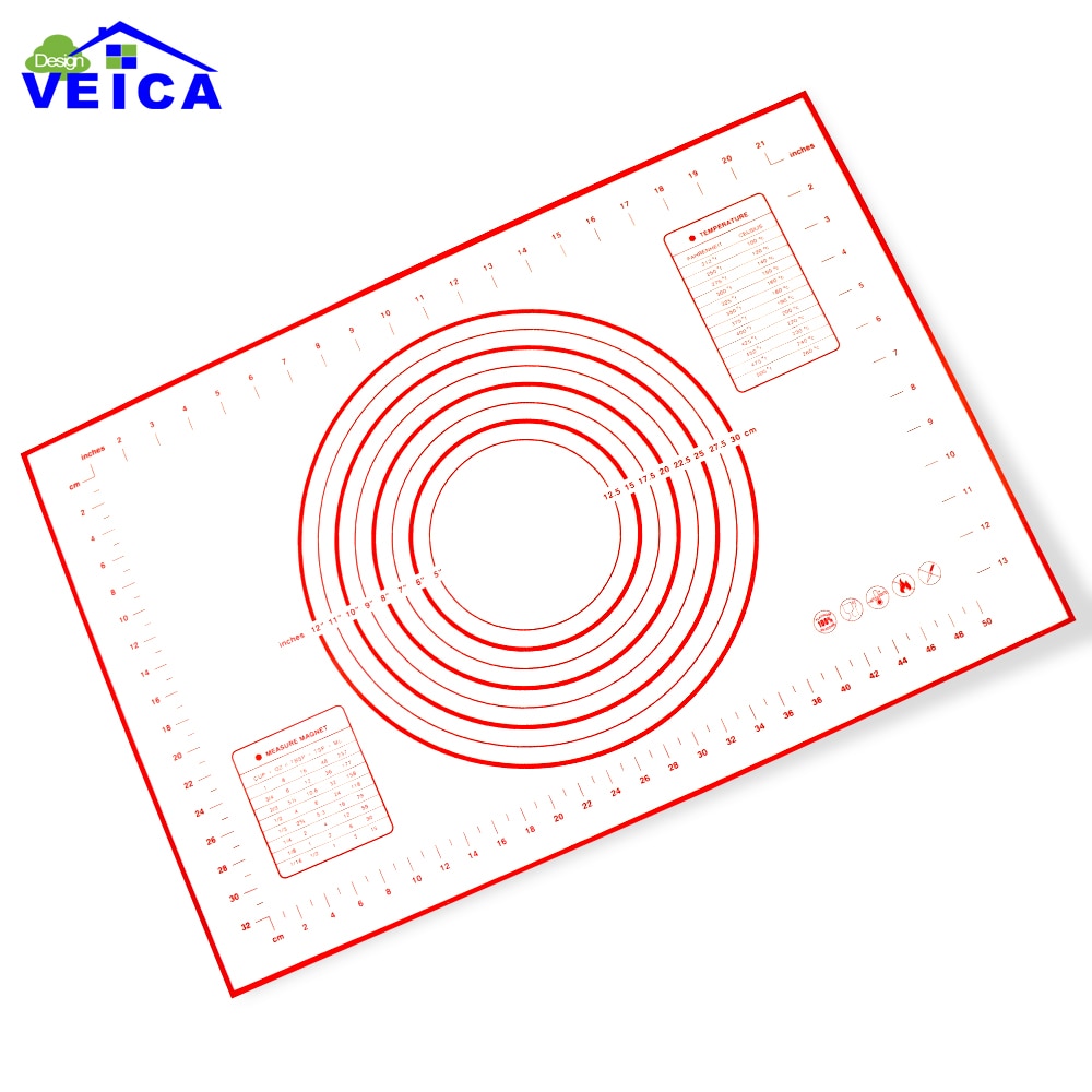 Tapete de silicona antiadherente para hornear, tapete de silicona para pasta y galletas, tamaño grande, rojo/Negro, 60x40cm, con medidas y conversiones