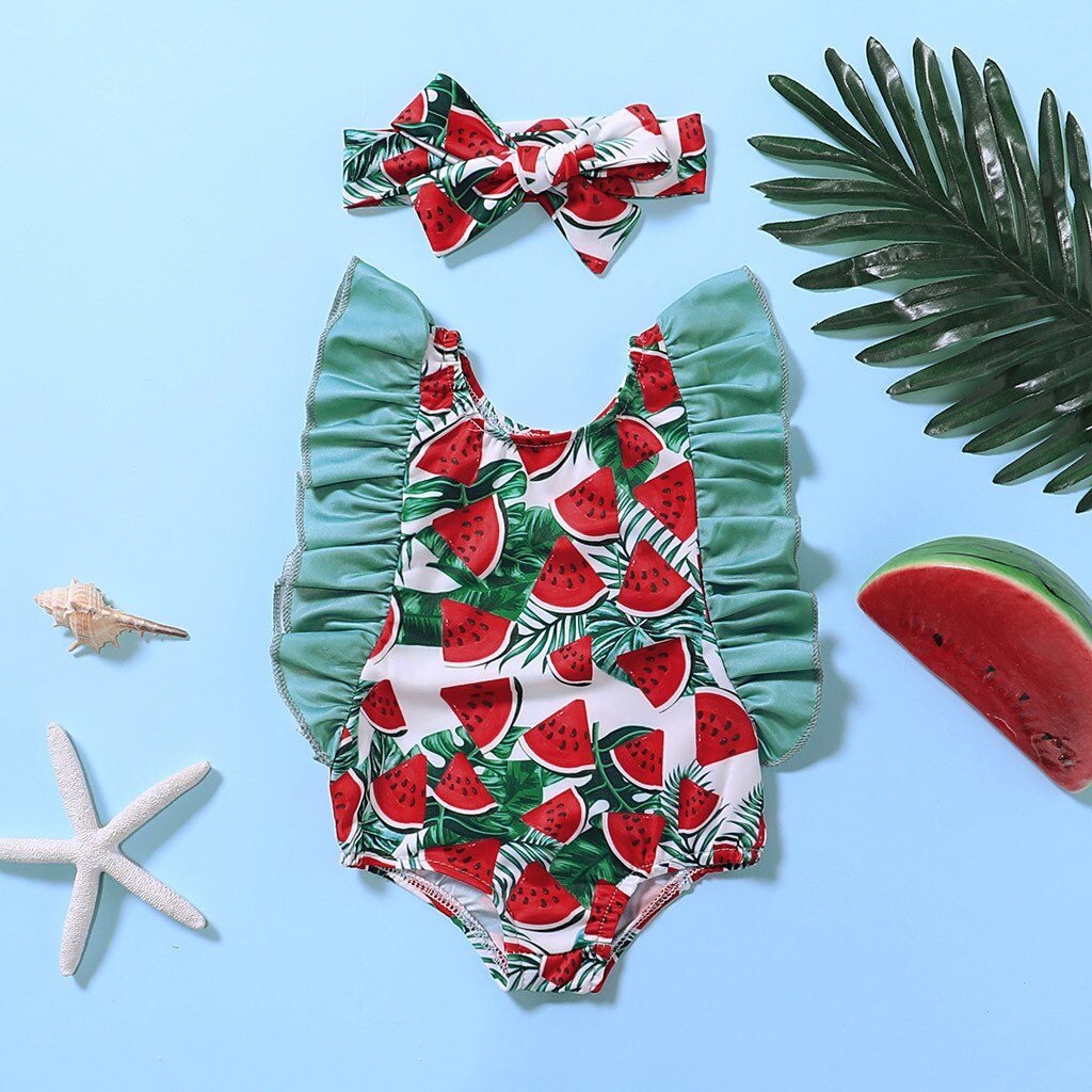 Children Kids Baby Girl Fruit Print Swimwear Swimsuit Tankini Bikini One Pieces Hat Summer Ruffle Baby Girl Bikini