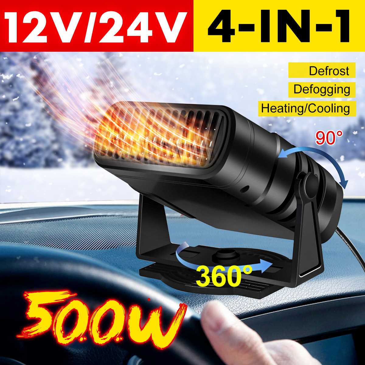 12V 24V 500W Car Heater Portable 360° Adjustmen 4 IN 1 Electric Heater Cooling Fan Air Purifier Windscreen Defogging Defrost