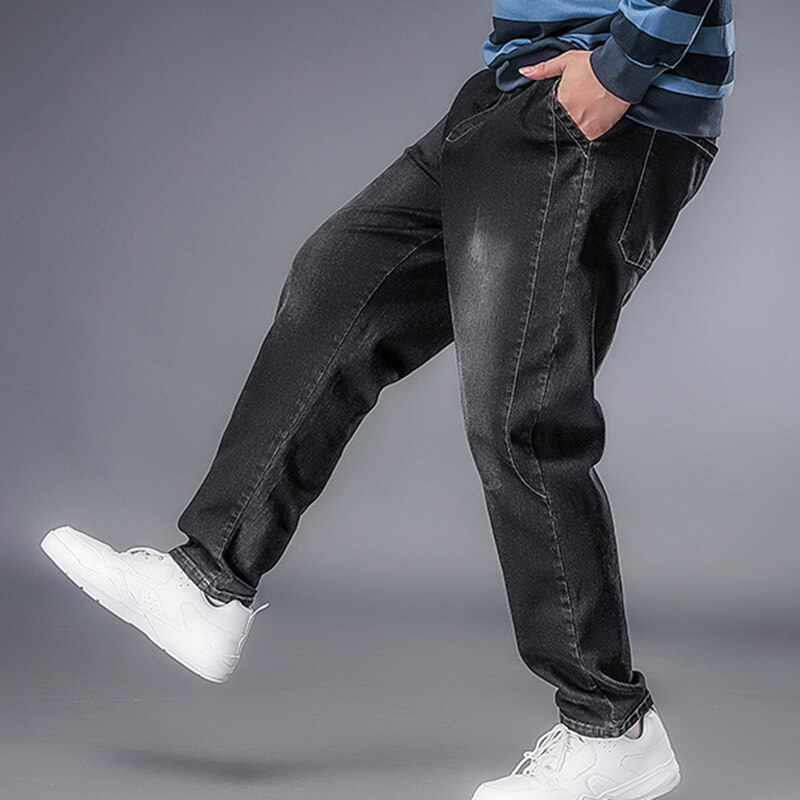 Casual joggingjeans dragsko elastisk midja rynkiga fötter byxor herr jeans haremsbyxor retro blå motorcykel