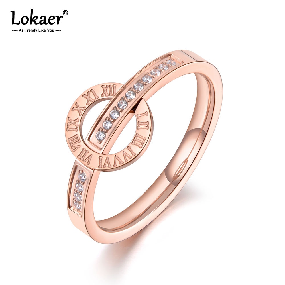 Lokaer Trendy Titanium Stainless Steel Roman Numerals Rings For Women Girls Mosaic CZ Crystal Love Wedding Ring Jewelry R19075