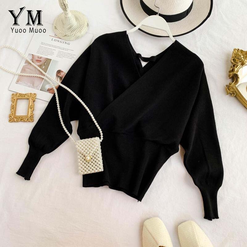 Yuoomuoo god blød sweater dame v-hals lang flagermusærme strikket pullover dame outfit sweater sweater top: Sort