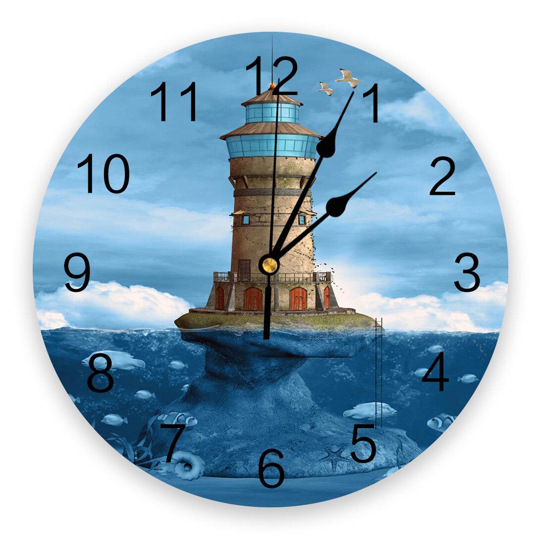 Sea Blue Lighthouse Coral Fish PVC Wall Clock Wall Digital Clock Home Decor Wall Clock Modern Living Room Decor