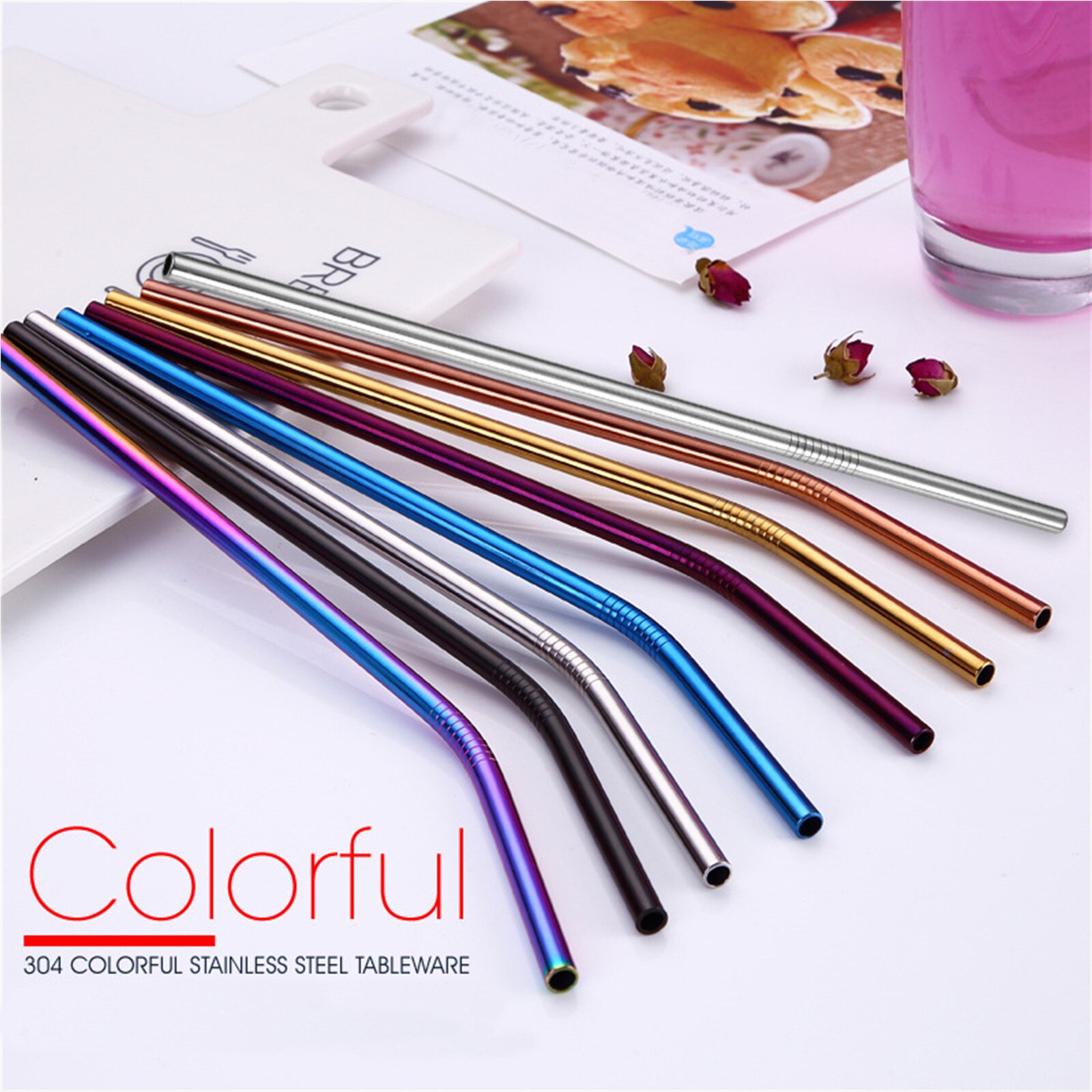House Reusable Stainless Steel Straws Metal Straight Bent Drinking Straws with Cleaner Brush Reusable Straw Party Bar Accessorie