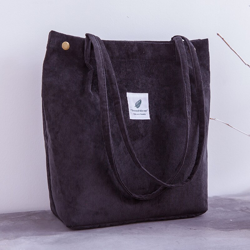 Sac fourre tout pour femmes, poche shopping en velours côtelé, à bandoulière, réutilisable et , parfait pour les courses: Black