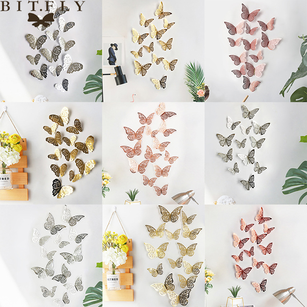 ¡Oferta! 12 unids/set de pegatinas de pared 3D mariposa hueca para decoración de la pared del hogar de las habitaciones de los niños DIY mariposas nevera adhesivos decoración de dormitorio
