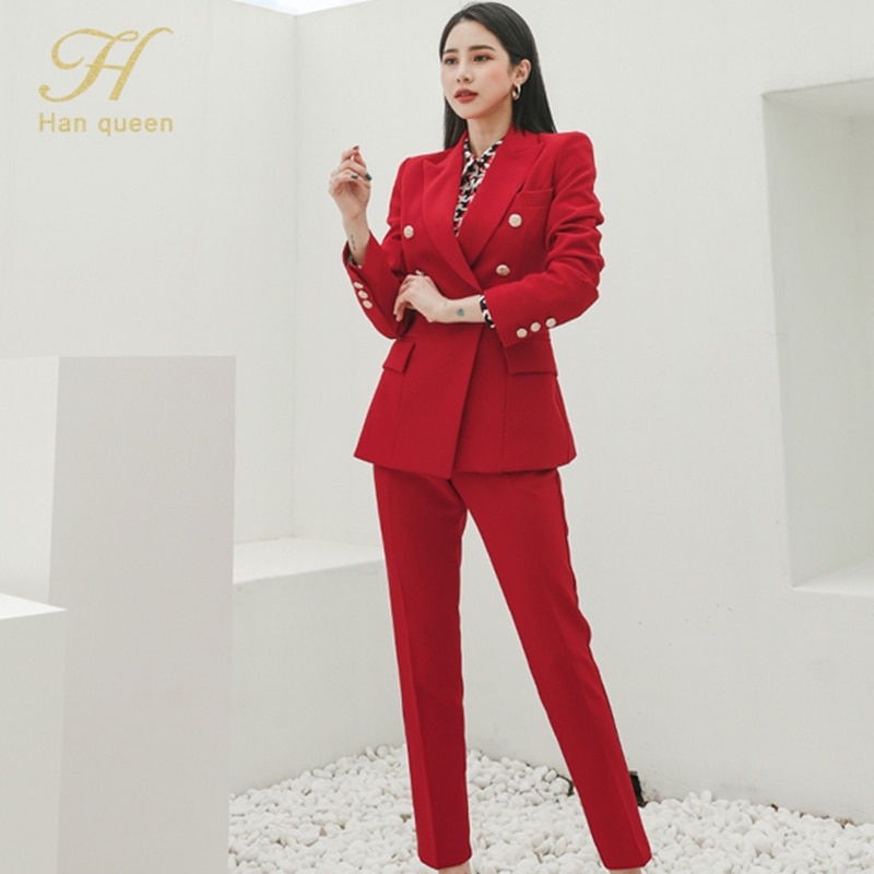 H han dronning kontor dame bukse dress dress rød 2 stykke sett til kvinner dobbelt breasted blazer & blyantbukser koreansk forretningssett høst