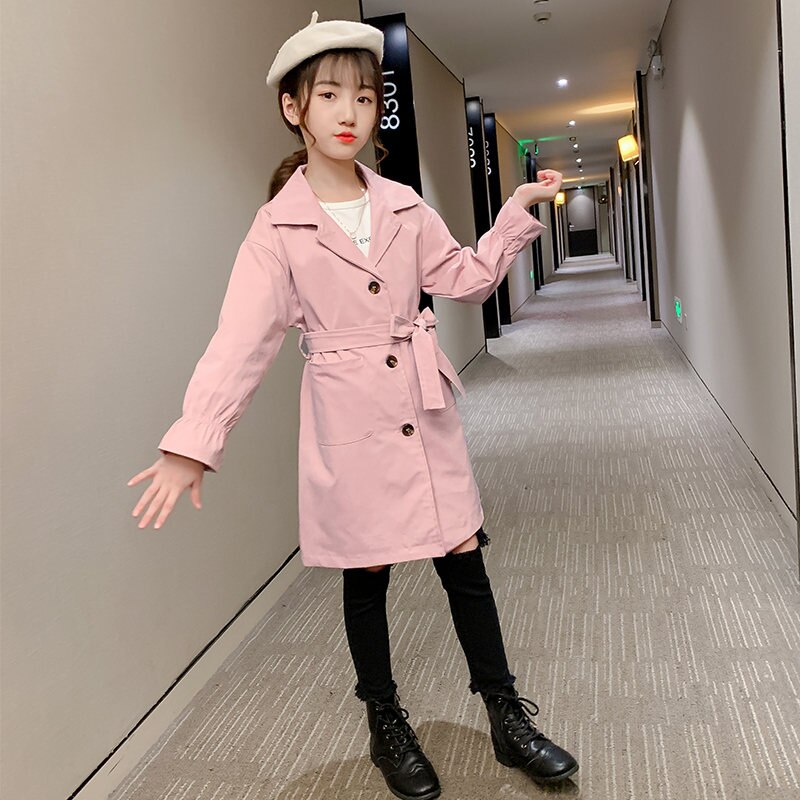 Long Style Teenager Clothes Girl Kids Trench Coat Spring Autumn Windbreaker Jacket for Girls Age 4 5 6 7 8 9 10 11 12 13 14 Year: Pink / 14