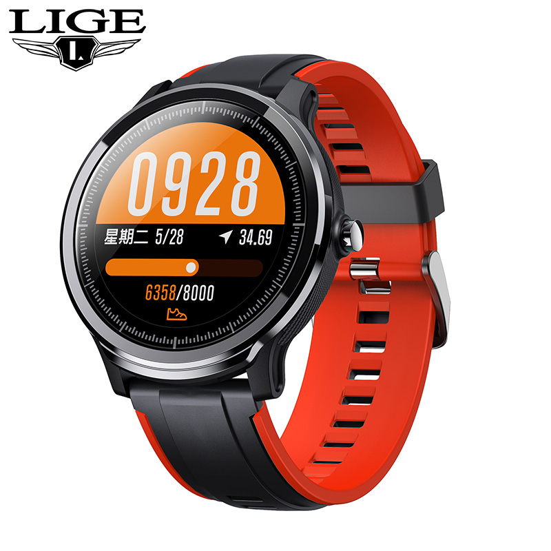 LIGE nouvelle montre intelligente plein écran tactile IP68 étanche fréquence cardiaque moniteur de pression artérielle Sport smartwatch information rappel: Red