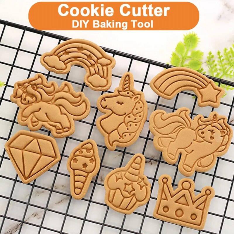 Eenhoorn Vorm Cookie Cutters Plastic 3D Cartoon Pressable Biscuit Mold Cookie Stamp Keuken Bakken Gebak Bakvormen Tool