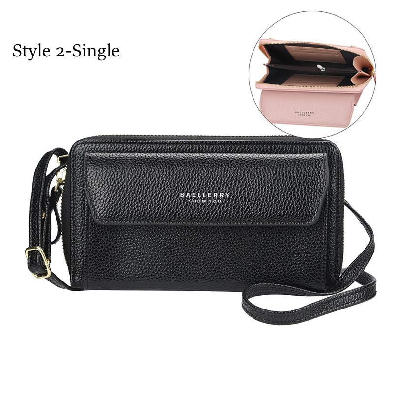 Bandoleras de piel sintética de doble capa para mujer, bolsos de gran capacidad, tarjeteros, cruzados,: Single-black