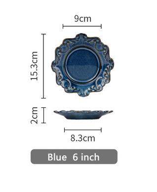 plates tableware dinner plates ceramic embossed pattern porcelain dessert plate cake plate: Blue 6 inch