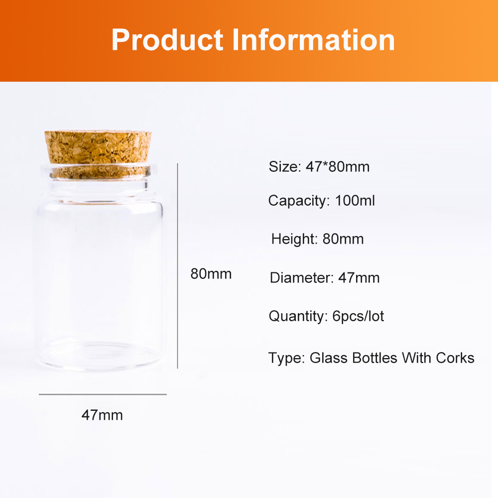 47*80mm 100ml glasflaskor med kork kryddig förvaring liten flaska burk behållare glas kryddflaskor pyssel små burkar 6 st