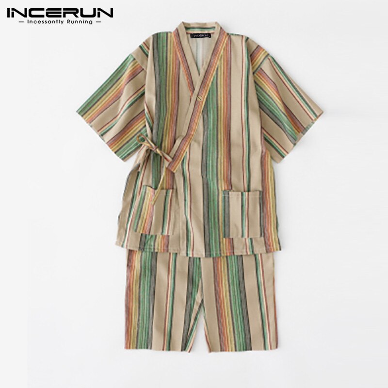 Hombre Retro Kimono Homewear trajes INCERUN hombres Vintage a rayas conjuntos de pijama 3/4 manga camisetas con lazo cordón pantalones cortos 2 piezas S-5XL
