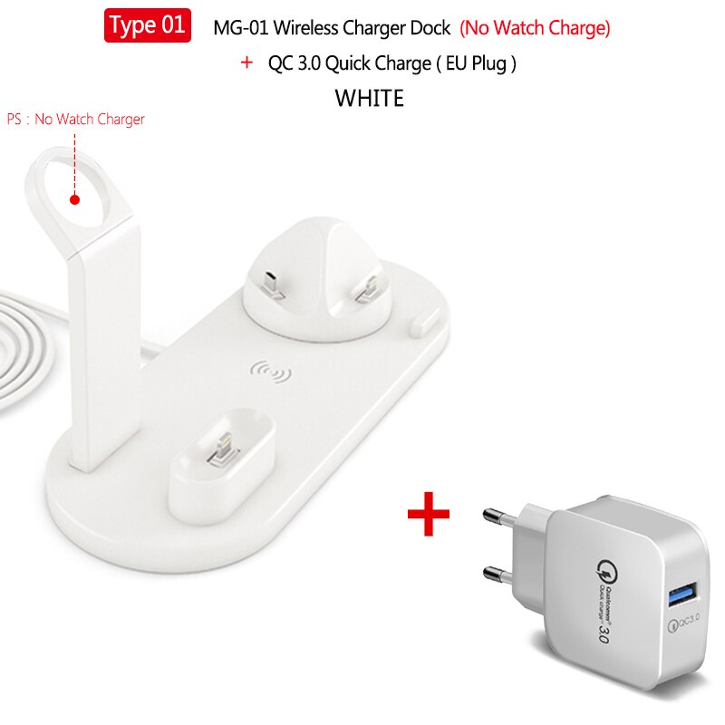 6-in-1 10W wireless charger base for Apple Watch Airpods multifunctional wireless charging station for iPhone11 Pro Max: Type 1 QC3.0 White
