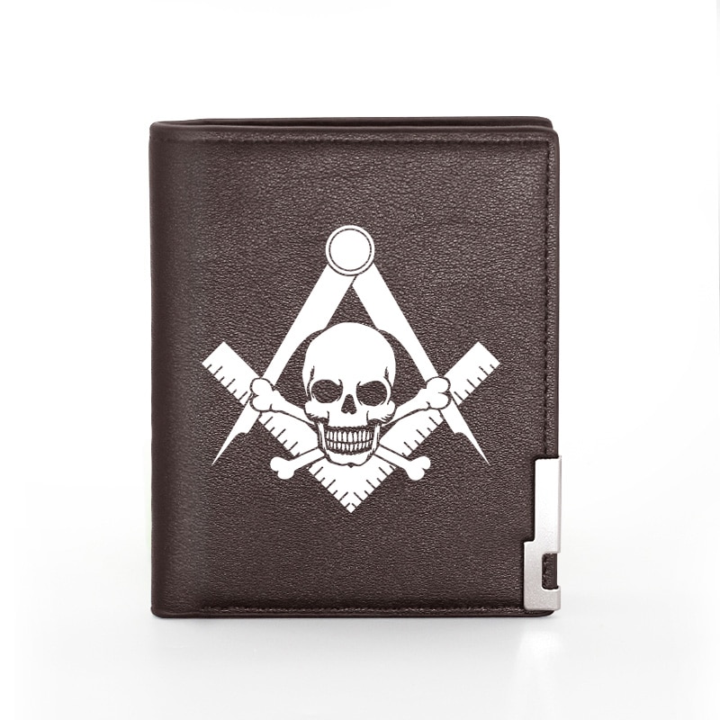 Personality Leather Wallet For Men Masonic Skull ID Credit Card Holder Short Purse: Brown