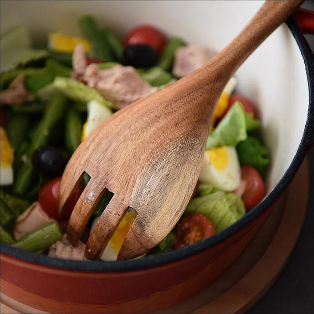 2Pcs/Set Salad Servers Acacia Wooden Utensils Cooking Spoon Salad Fork Tableware Set Eco-friendly Kitchen Tools 20E
