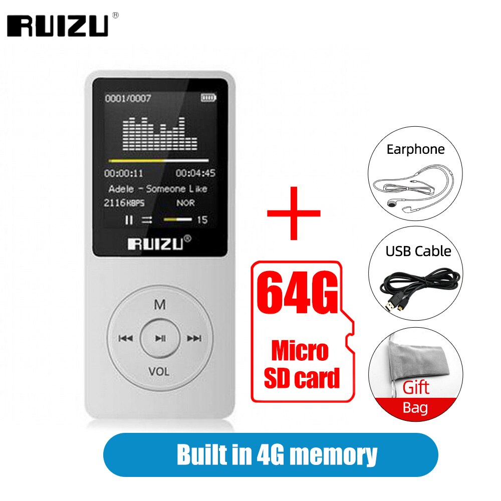 RUIZU X02 lettore MP3 ultrasottile con schermo Mini lettore musicale 4G supporto Radio FM registratore vocale E-book lettore Audio Video Walkman: White 64G TF Card