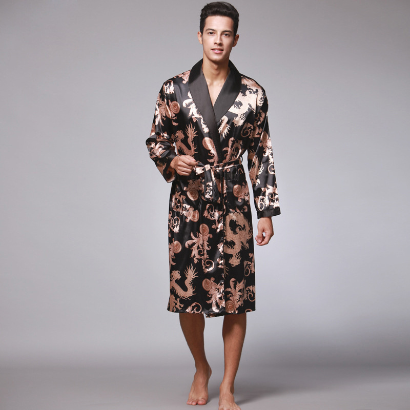 Mannen Zomer Herfst Kimono Badjas Zijde Satijn Gouden Draak Lange Badjas Kamerjas Knielengte Zwarte Nachtkleding