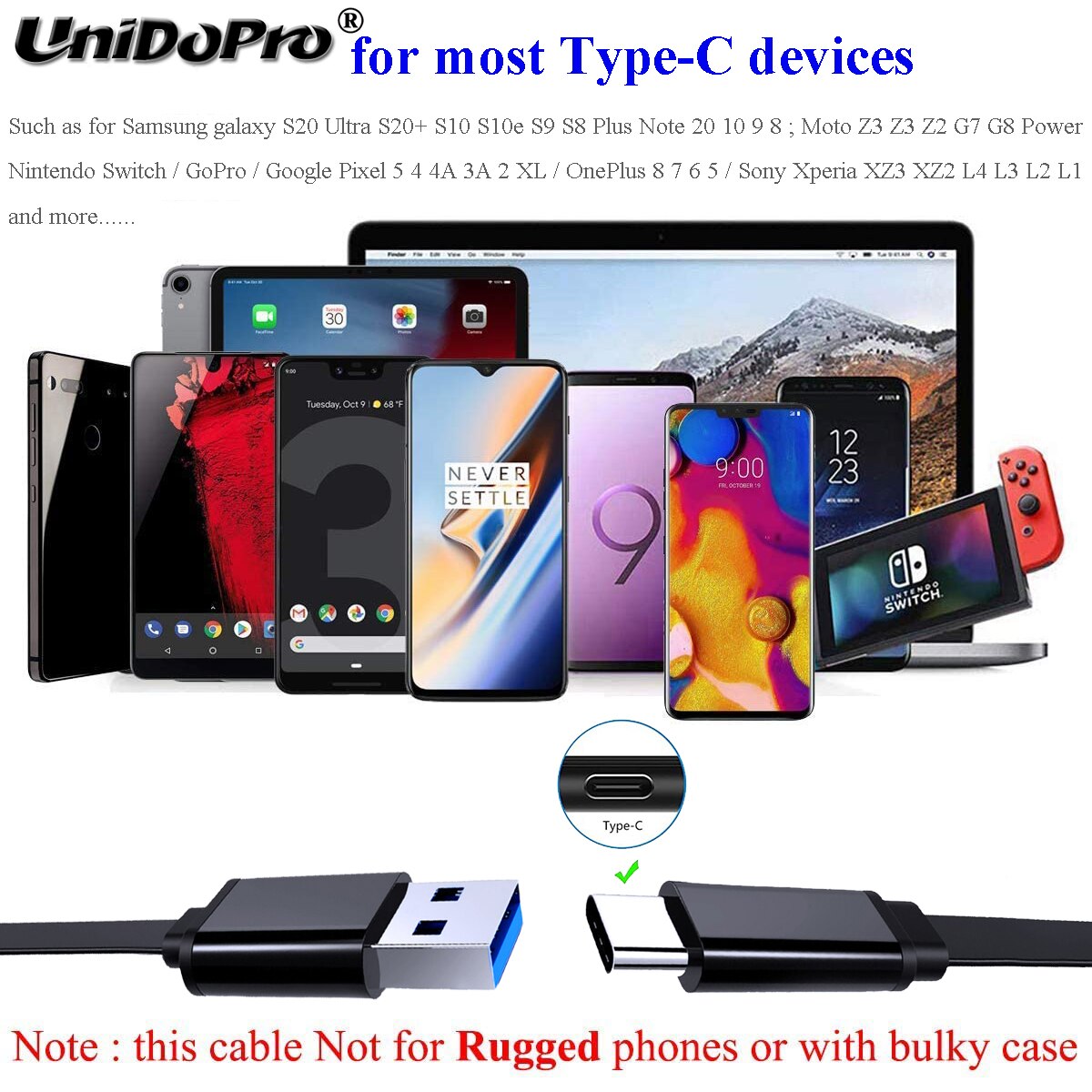 QC 3.0 PD chargeur de voiture + 1M câble plat de Type C pour Samsung Galaxy S7 + 5G S7 S6 / S6 Lite | Onglet A7 10.4 ' | Onglet A 8.4