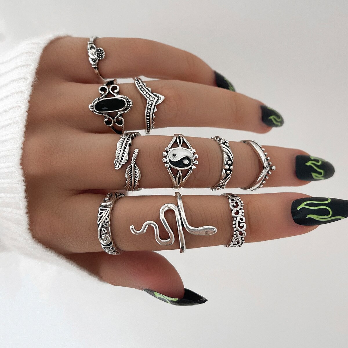 HI MAN 14 Pcs/Set Neo-Gothic Mixed Yin Yang Figure Feather Elephant Star Moon Sun Ring Women Personality Vintage Jewelry: HJJ1369