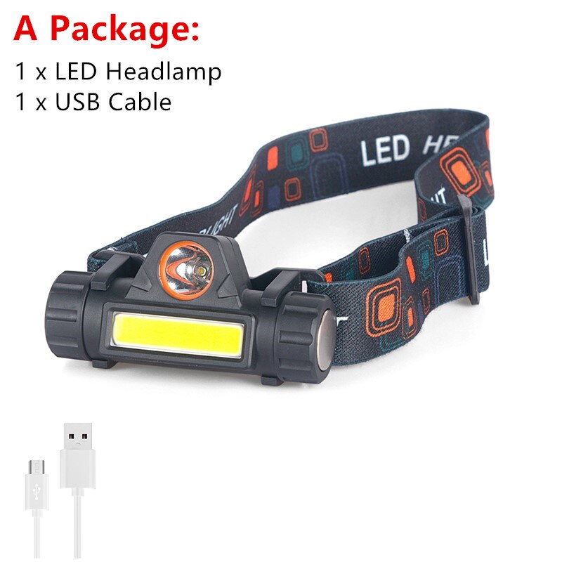 Mini COB LED Headlight Headlamp Head Lamp Flashlight USB Rechargeable Built-in 18650 Torch Camping Hiking Night Fishing Light: A Package