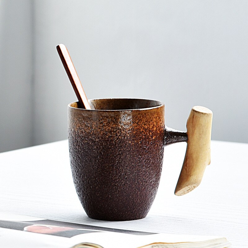 Japanischen stil Jahrgang Keramik Kaffee Becher Tee Tasse Becher Rost Glasur Büro Tee Milch Bahre Becher mit löffel Holz Griff wasser Tasse: Stil2 B