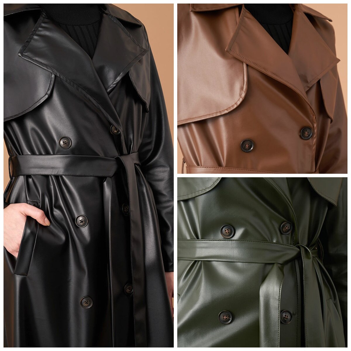 musulmana-gabardina larga de piel sintética con doble botonadura para mujer, cinturón, prendas de vestir, ropa islámica,