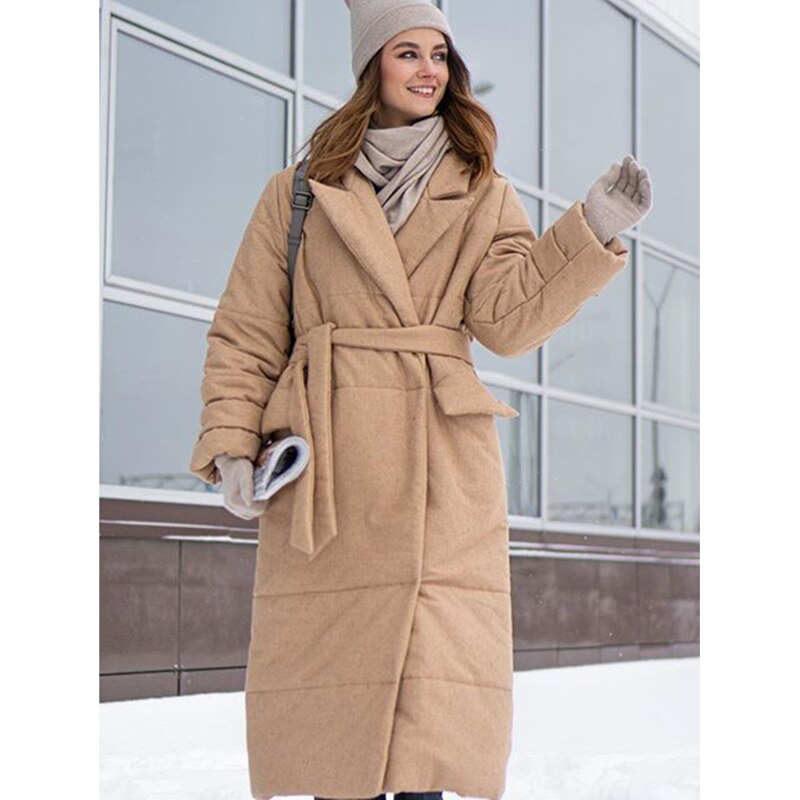 Hadara Winter Tie Belt Parkas Women Covered Button Coats Women Solid Long Cotton Jackets Female Ladies: Khaki / S
