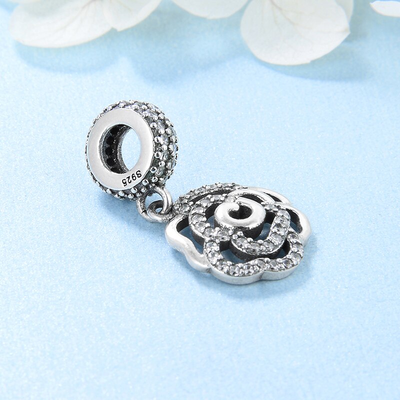 Women Rose Flowers 925 Sterling Silver Charms Pendant Beads Fit Original europeu Diy Bracelet Jewelry