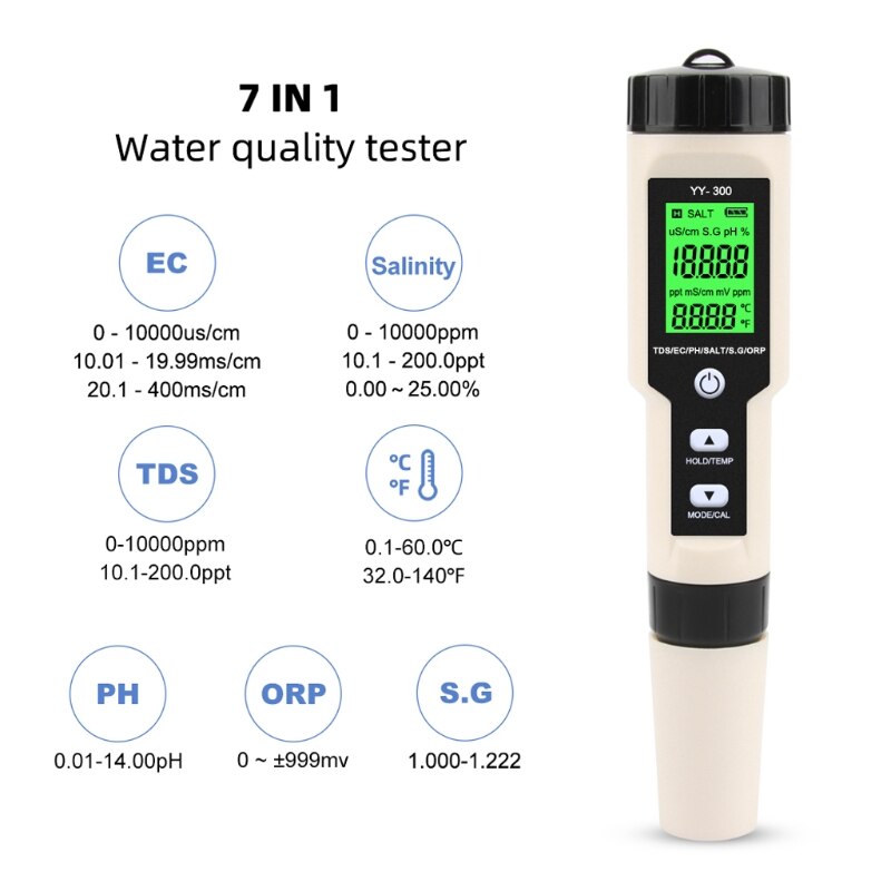 7 In 1 Ph/Tds/Ec/Orp/Zoutgehalte/S. G/Temperatuur Meter Water X4YE