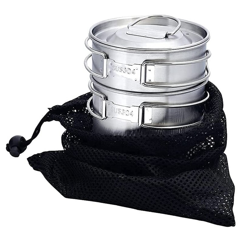 2Pcs Foldable Camping Cups And Mugs Pot 304 Stainless Steel Outdoor-Cookware-Set With Vented Lid,Camping Kettle