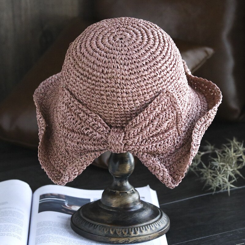 100% Raffia Boog Zonnehoed Brede Rand Floppy Zomer Hoeden Voor Vrouwen Strand Koepel Emmer Hoed Schaduw Hoed: Shrimp pink