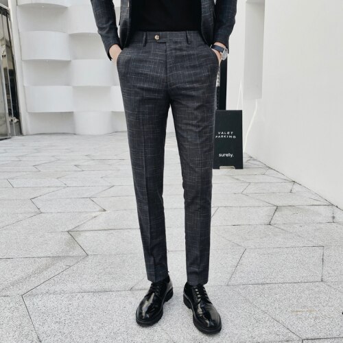 Klassisk ternede plaid jakkesæt bukser mænd business casual kjole bukser mærke koreansk slim fit street wear socialt tøj: Grå / L