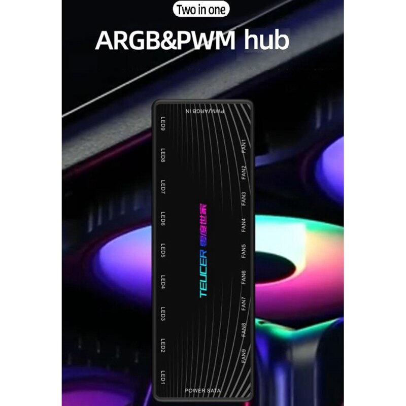 TEUCER 1 a 9 PWM y ARGB ventilador HUB Splitter 4 Pin PWM 3 Pin direccionable RGB adaptador de interfaz SATA concentrador para PC de escritorio